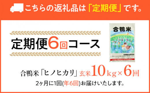 令和8年産 合鴨米「ヒノヒカリ」（玄米・10kg）定期便6回コース 数量限定 ※令和8年10月スタートの定期便 BI05