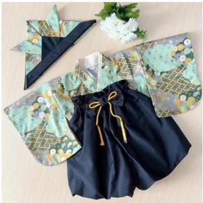 ふるさと納税 みよし市 80size　ベビー袴とかぶれる布兜のセット(雲取り文様×黒色の袴)