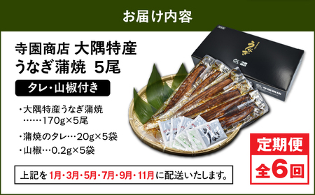 2489 【 定期 6回 】大隅特産 うなぎ蒲焼 5尾（850g）【 国産 】 KN060-T13 うなぎ ウナギ 鰻 鰻蒲焼き ウナギ蒲焼 惣菜 総菜 定期便 魚類 魚貝類 魚介類 海産物 鰻重 う