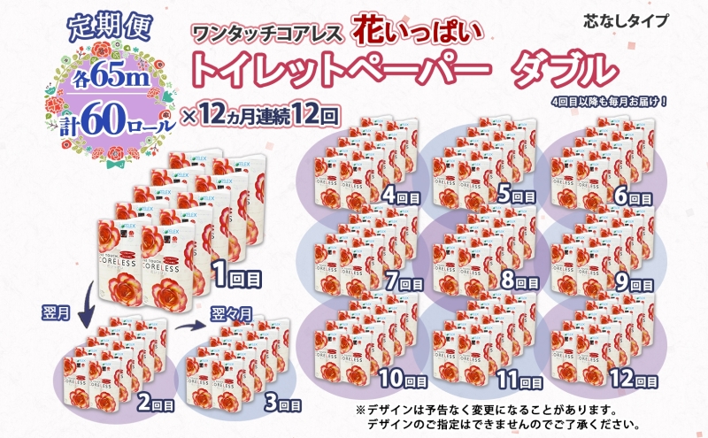 北海道 定期便 12ヵ月連続 ワンタッチコアレス 花いっぱい トイレットペーパー ダブル 65m巻 60ロール 芯なし 花柄 プリント ハーブ 香り付き ペーパー 防災 常備品 日用品 消耗品 備蓄 