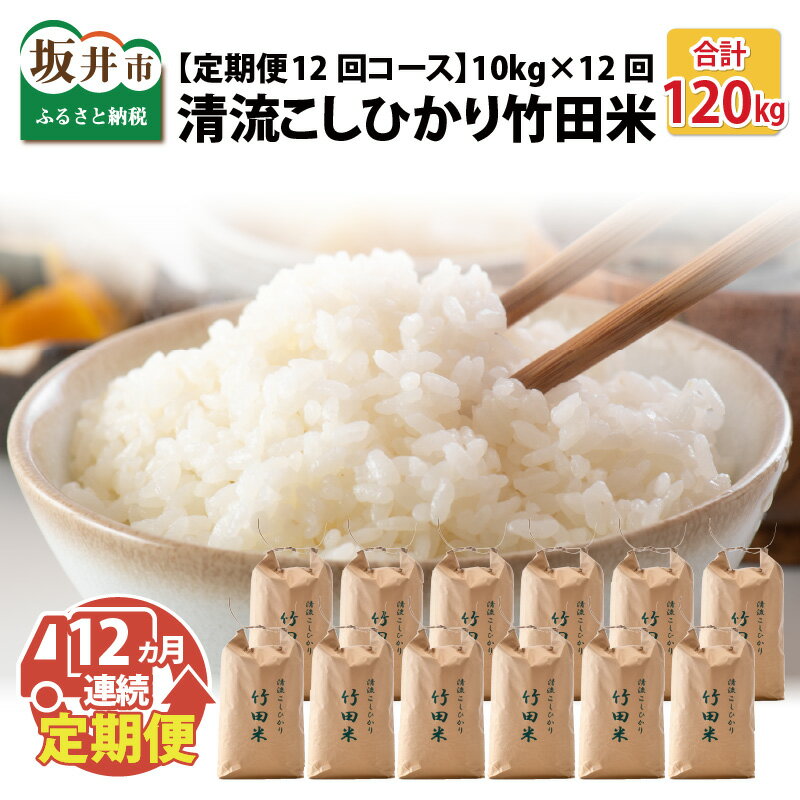 【ふるさと納税】【先行予約】【令和7年産・新米】 【定期便12回コース】清流こしひかり 竹田米 10kg × 12回 計120kg 【精米方法をお選びいただけます：白米 / 玄米】【2025年9月下旬以降順次発送予定】 【米 お米 こめ コシヒカリ ブランド米 ふるさと納税米 産地直送】