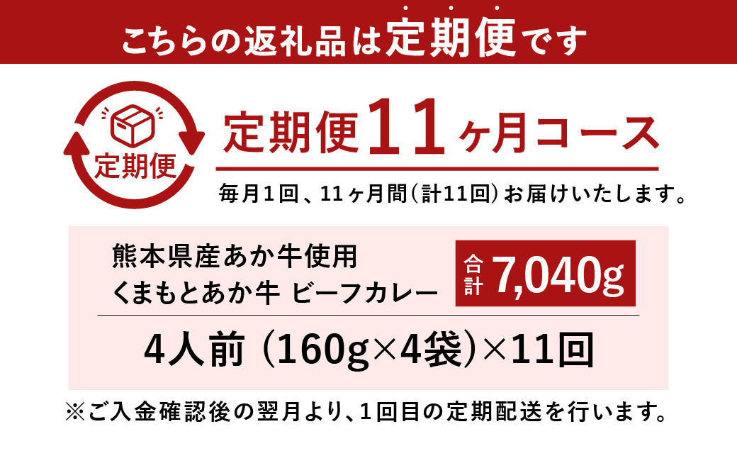 【11ヶ月定期便】熊本県産あか牛使用 くまもとあか牛 ビーフカレー 4人前 計640g(160g×4袋)