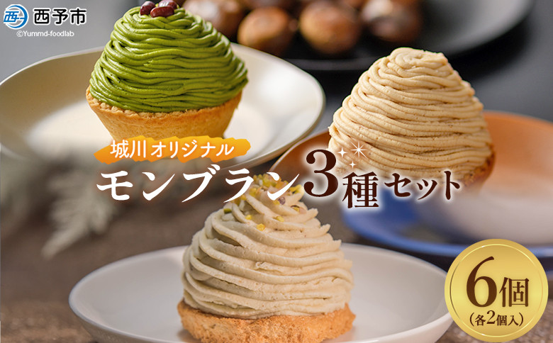 
＜城川オリジナルモンブラン3種セット 合計6個（各種2個入）＞ 栗 スイーツ マロン 抹茶 ケーキ 和栗ペースト 渋皮煮 チーズアパレイユ 粒あん 小豆 スポンジケーキ タルト ダックワーズ メニークエスト 愛媛県 西予市【冷凍】
