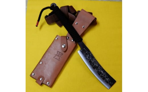 E-36 共柄反刃鉈　白紙二鋼割込（両刃）黒ロープ巻　レザーサック付