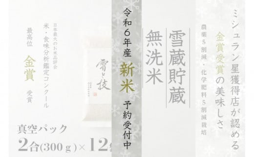 ≪ 令和6年産 新米 先行予約 ≫《 雪蔵貯蔵 無洗米 》 金賞受賞 魚沼産コシヒカリ 雪と技 真空パック 2合 ×12袋  農薬5割減・化学肥料5割減栽培