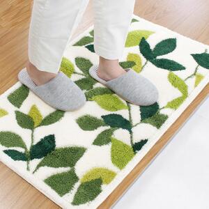玄関マット リーフグリーン 50x80cm ホワイト 室内 洗える 日本製 ウィルトン織り すべり止め