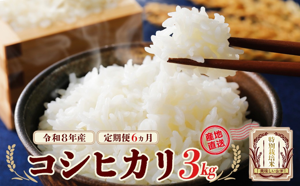 
                  【先行予約】【6か月定期便】令和8年産　特別栽培米コシヒカリ3kg/計18kg　特別栽培米　コシヒカリ　雪蔵銀ぴか米 　会津　喜多方【07208-0868】
                