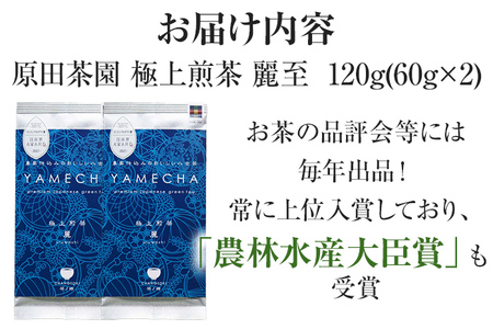 【八女茶】原田茶園 極上煎茶 麗至 120 g（60g×2、茶葉タイプ）八女 極上 煎茶 福岡 茶葉 お茶