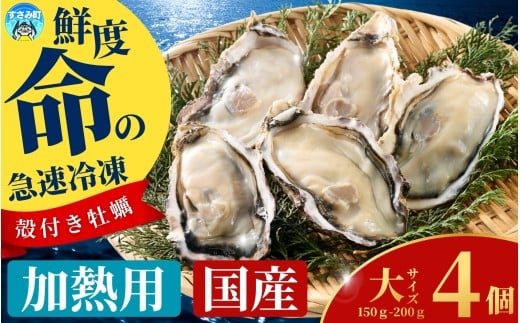 国産 急速冷凍牡蠣 加熱用 大サイズ 4個 / 牡蠣 殻付き 海鮮 かき カキ 冷凍 【mix005】