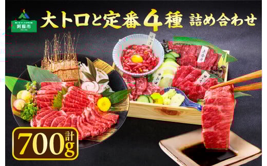【熊本肥育】大トロと定番4種詰め合わせセット　 食べ比べ　大トロ　上赤身　赤身　トロ馬刺し　赤身馬刺し ユッケ 馬ロース　馬刺し専用醤油 タレ付き 馬刺し お肉 熊本名物 馬刺し 上質 馬刺し ブロック 冷凍 熊本名物 馬刺し 新鮮 馬肉 お取り寄せ 晩酌 生食用 刺身 プレゼント お祝い  おつまみ  馬肉 晩酌 生食用  お取り寄せ 特産品 熊本県 阿蘇市