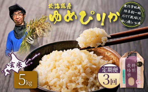 
                  【2025年産】【定期便：3回】北海道産 特別栽培米 ゆめぴりか 玄米 5kg（無化学肥料、除草剤一回だけで栽培した体に優しいお米） | 玄米 米 ごはん ゆめぴりか 健康 和食 冷めても美味しい お弁当用 玄米 白米 国産 おいしい ふっくら ご飯 安心 安全 お取り寄せ ふるさと納税 北海道 羽幌町 羽幌【25147】
                