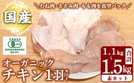 K-598 国産！オーガニックチキン1羽セット 未カット (計1.1kg～1.5kg)【お多福たまご】霧島市 国産 鶏肉 鳥 もも モモ 胸肉 むね ムネ ささみ ササミ オーガニック 有機JAS認定 抗生物質不使用 ワクチン不使用 ワクチンフリー 無投薬飼育 冷凍 小分け