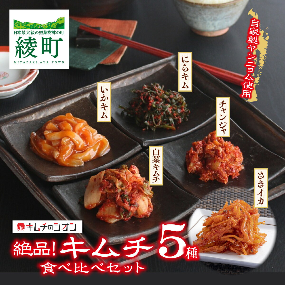【ふるさと納税】【キムチのシオン】絶品！ キムチ 5種 食べ比べ セット 白菜キムチ いかキム さきイカ にらキム チャンジャ 詰め合わせ 本格キムチ 韓国料理 おつまみ ご飯のお供 発酵食品 冷蔵 国産 人気 おすすめ おすそ分け 宮崎県 綾町 送料無料