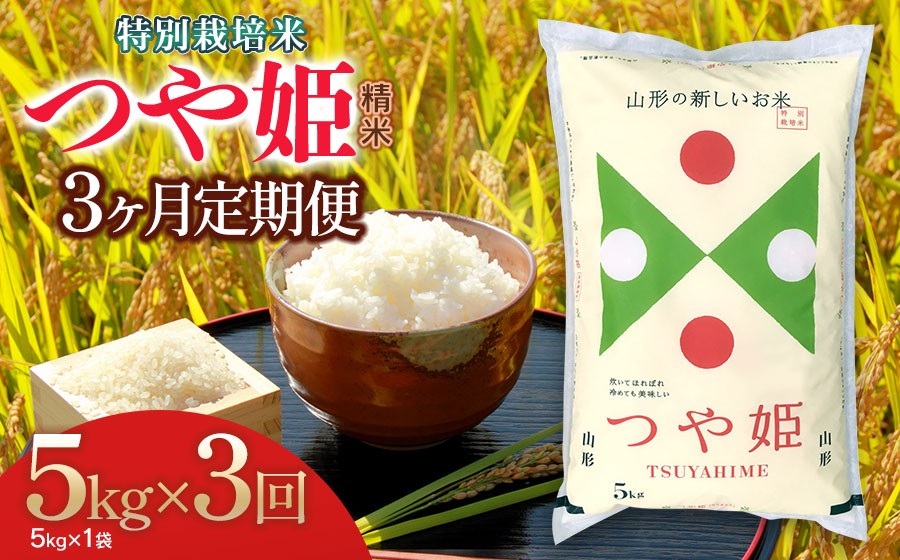 【令和7年産】【3ヶ月定期便】特別栽培米 つや姫 精米5kg×3回 計15kg 山形県 庄内産　米食味鑑定士お薦め　| つやひめ 5キロ 定期便 米 お米 コメ 精米 白米 食品 ご飯 ごはん 美味しい おいしい ブランド米 山形県 鶴岡市 東北 国産 返礼品