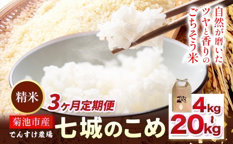 
                  【3ヶ月定期便】令和7年産 精米 七城のこめ 選べる内容量 4kg 5kg 6kg 8kg 10kg 15kg 20kg《お申込み翌月から出荷》熊本県 菊池市 米 白米 ヒノヒカリ でんすけ農場
                