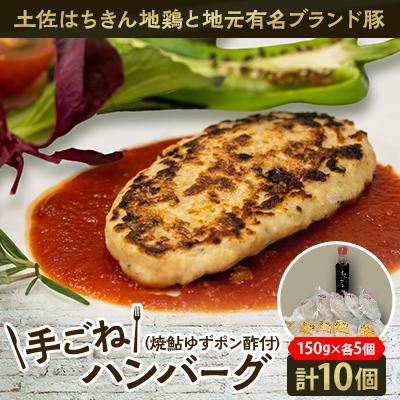 ふるさと納税 高知市 ◆【2種のハンバーグ10個】土佐はちきん地鶏と地元有名ブランド豚の手ごねハンバーグ　焼鮎ゆずポン酢付