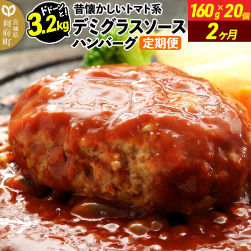 《定期便2ヶ月》ドドンと3.2kg！昔懐かしいデミグラスソースハンバーグ (160g×20個)×2回 肉 洋食 簡単 大容量 湯煎 湯せん 個包装 [大容量 肉 おかず 惣菜 個包装 簡単 湯せん レンチン 洋食 湯煎 個別包装 小分 お弁当 便利 レンジ お試し]