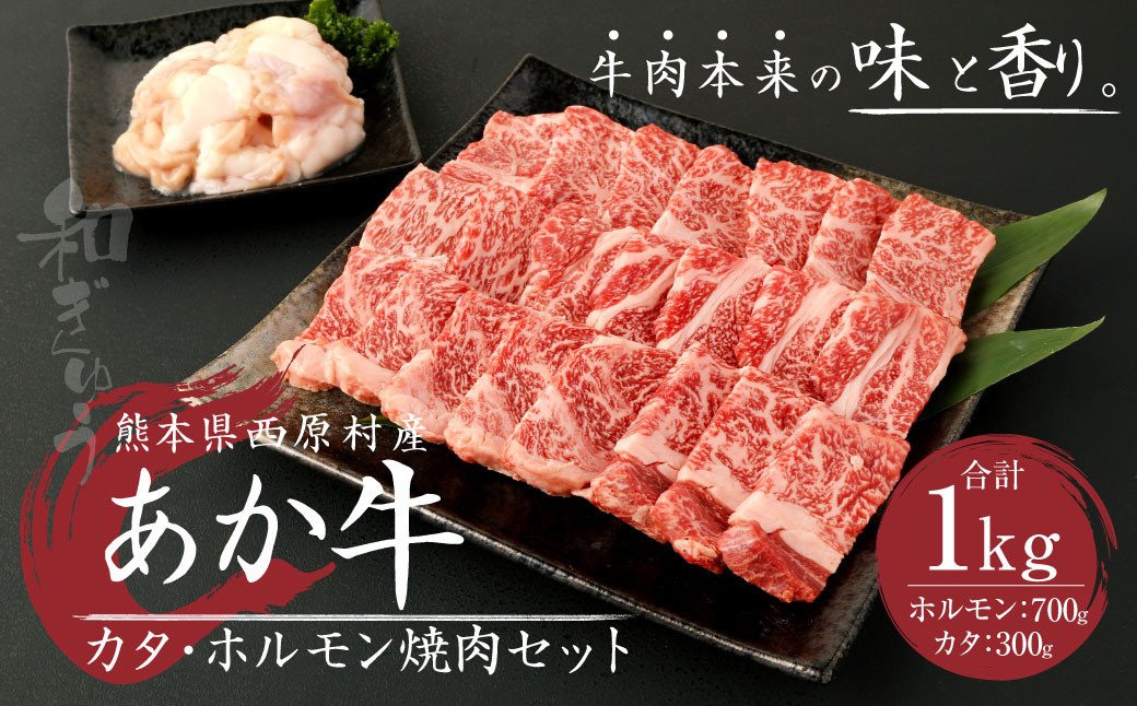 熊本県西原村産 あか牛 赤身 焼肉セット 合計1kg （カタ700g・ホルモン300g）