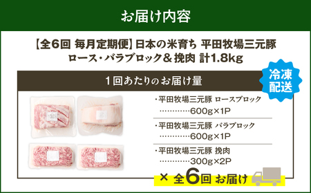 【 全6回 毎月 定期便 】 日本 の 米育ち 平田牧場 三元豚 バラブロック 600g ・ 豚ロースブロック 600g ・ 豚挽肉 600g T036-T15-02 定期 肉 お肉 にく 豚 豚肉 
