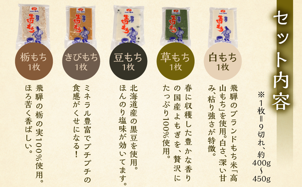 （期間限定）【2025年11月中旬頃～2026年3月下旬発送】飛騨の生切りもち 5種類セット（白餅・草餅・豆餅・きび餅・栃餅 各1枚入）のうさん糀村【87-7】