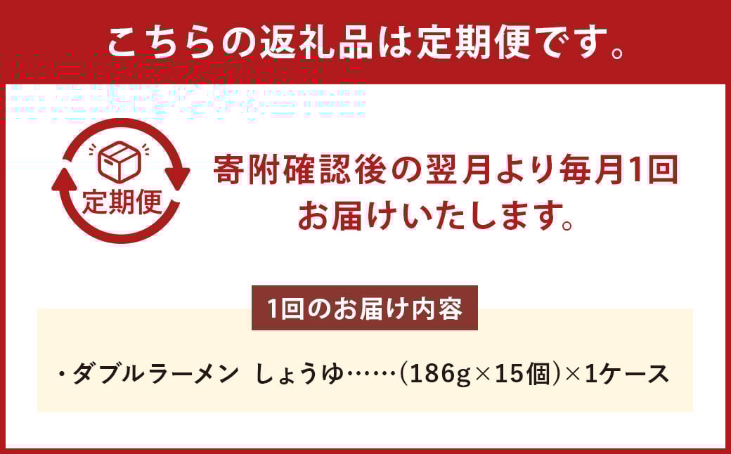 【6回定期便】 ダブルラーメン しょうゆ 182g×15個（1ケース）