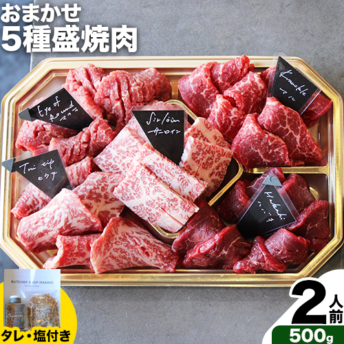 おまかせ5種盛焼肉セット2人前 500g マンノ精肉店《30日以内に出荷予定(土日祝除く)》大阪府 羽曳野市 送料無料 牛肉 セット ギフト 贈答用 焼肉 焼き肉 BBQ プレゼント 食べ比べ---habikino_man_1_2---