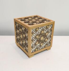 レーザー行灯「趣」キューブ　八重桜と麻の葉組子模様（和紙貼り）