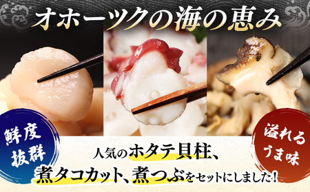 【オホーツク海の幸3種セット】ほたて貝柱 煮たこカット 煮つぶ（各200g×1袋）【07196】