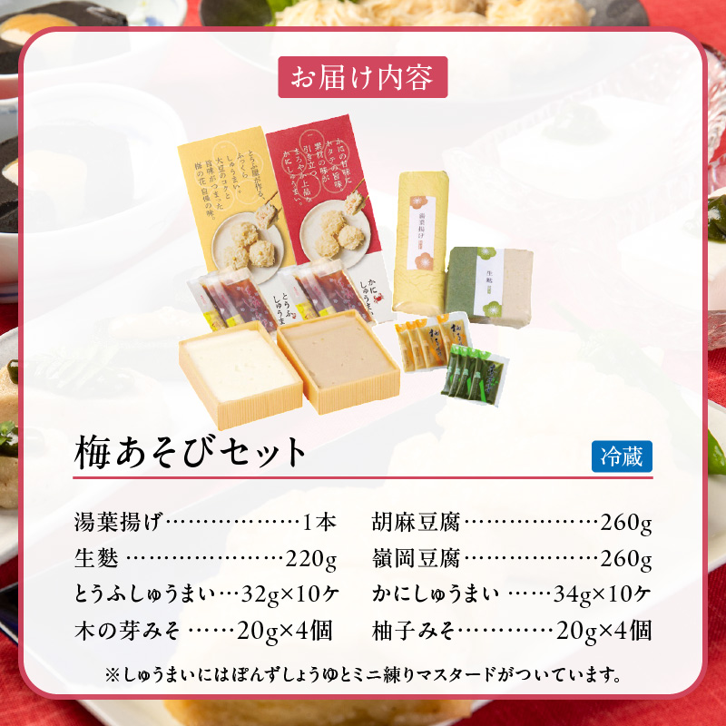 梅の花 梅あそびセット_梅の花通販本舗 梅あそび セット 大豆 惣菜 おかずセット かに とうふ しゅうまい 湯葉 生麩 嶺岡豆腐 木の芽みそ 柚子みそ 詰め合わせ 豆腐 加工品 おかず 福岡県 久留