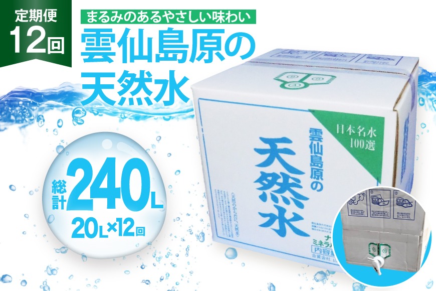CE249 山崎本店酒造場 【12回定期便】 雲仙島原の天然水 20L [ 水 天然水 ウォーター おいしい 定期便 定期 1年 名水百選 大容量 日用品 軟水 長崎県 島原市 ]