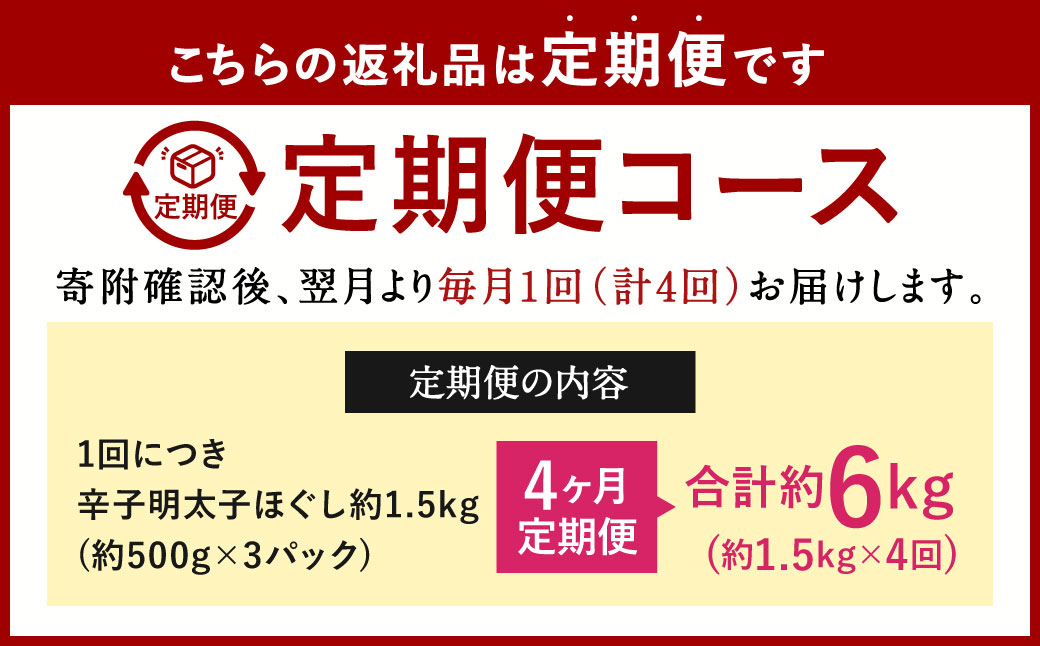 【4ヶ月定期便】辛子明太子ほぐし 約1.5kg 総重量約6kg 明太子 辛子明太子 めんたいこ ほぐし 海鮮 魚介類 魚卵 おつまみ ご飯のお供 定期便 冷凍 九州 福岡県 北九州市