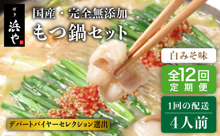 【全12回定期便】【もつ鍋の本場博多で歴史のある 博多 浜や】国産 ・ 完全 無添加もつ鍋セット×2 （約4人前） 白みそ味 [AFF010]