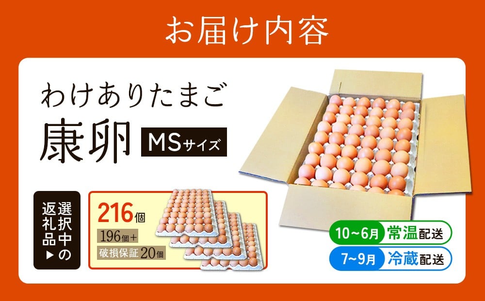 【わけあり】霧島山麓育ち こだわり卵 康卵 MSサイズ 計216個（196個 + 破損保証 20個）