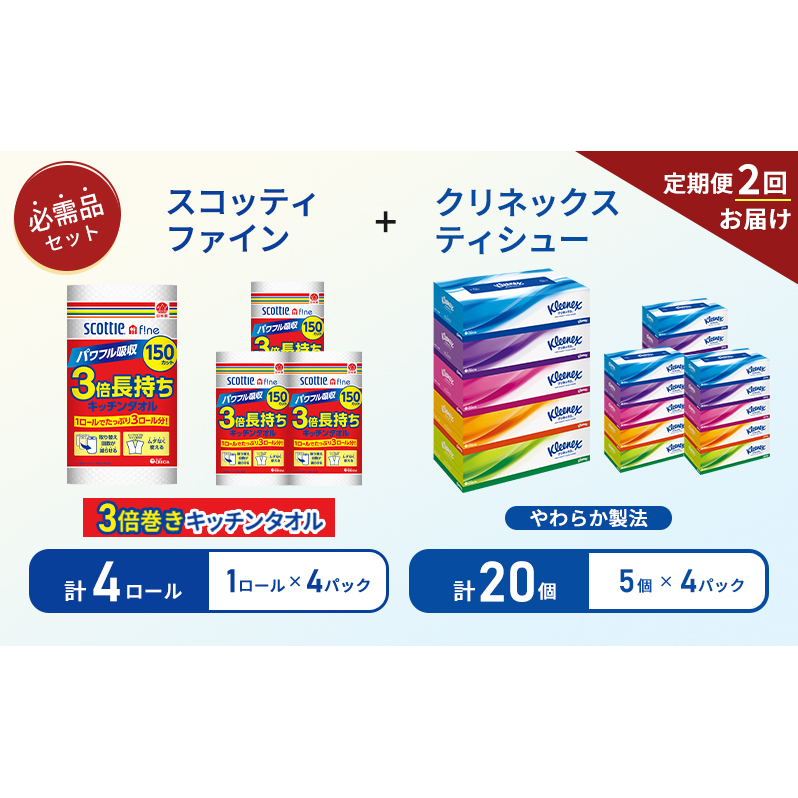 【 6ヶ月ごと計 2回お届け 】ティッシュ クリネックス 5箱入 × 4パック キッチンペーパー 4パック入 キッチンタオル スコッティ ファイン 1 ロール 3倍 150カット