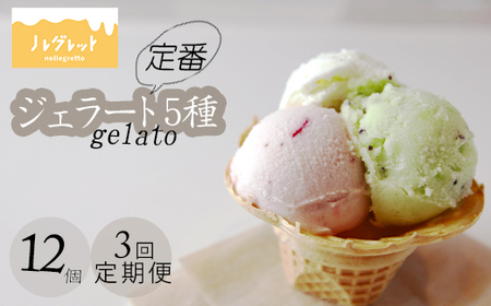 定番ジェラート （人気フレーバー5種） 12個入り×3ヶ月定期便 【アイス工房Nollegretto】 ／ ジェラート アイス アイスクリーム スイーツ デザート カップアイス カップ入り カップジェラート ミルク 玄米 甘酒 イチゴミルク セット 詰め合わせ ノレグレット