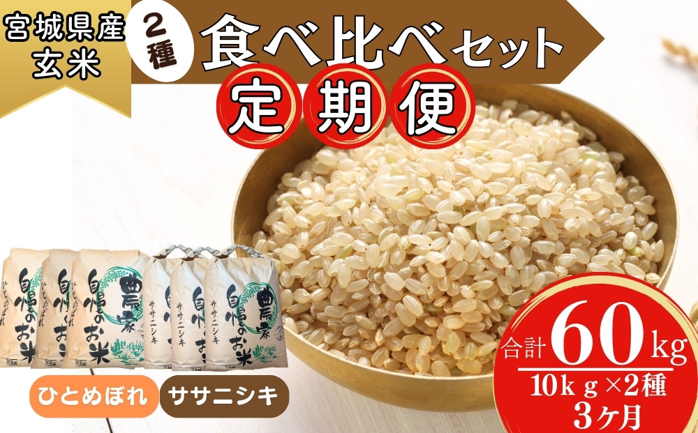 
            【令和6年産】 【新米】 ササニシキ・ ひとめぼれ （玄米）合計60kg 10kg×2種 食べ比べセット 3ヵ月定期便（20kg×3回） 【定期便】宮城県 東松島市 米 こめ オンラインワンストップ 対応 自治体マイページ V
          