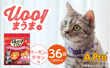 A Pro 猫用おやつ Uoo!まうま（サーモン＆チキン味）9本×36袋_A Pro 猫用 おやつ Uoo!まうま 9本 × 36袋 計 324本 サーモンとチキン キュート コロコロ形状 しっとり 2層 健康維持 サポート お手軽 多頭飼い キャットフード 福岡県 久留米市_Pf043-03