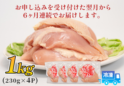 鶏肉 むね肉 1kg 定期便 6回 （1kg×6回） 鶏むね ムネ肉 チキン ヘルシー 若鶏 ブランド鶏 最優秀賞 天皇杯 受賞 小分け 冷凍 骨なし お弁当 ダイエット 高たんぱく 水炊き 6kg 