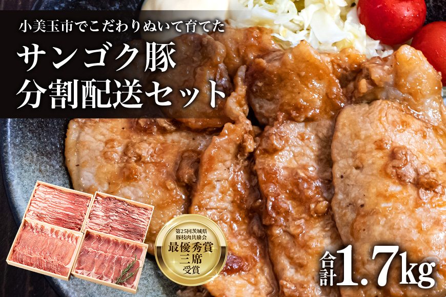 サンゴク豚（分割配送セット） 合計1.7kg（850g×2回）【定期便】 しゃぶしゃぶ 焼き肉 豚肉 豚バラ肉 ロース 小分け 真空パック しゃぶしゃぶ肉 焼肉用 ブタ肉 国産 茨城県産 ギフトプレゼント 高級部位 2-A