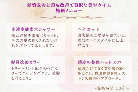 髪質改善と頭皮改善で贅沢な美容タイムご利用券 カット 髪質改善カラー 頭皮の整体 ヘッドスパ 高濃度酸素水ケア 所要時間 150分 エイジングケア リラクゼーション ヘアケア ヘアカラー 毛染め 白髪