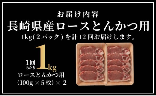 [B612］ 《定期便》長崎県産豚 ロースとんかつ用計1kg(100g×5枚×2) 【12回お届け】