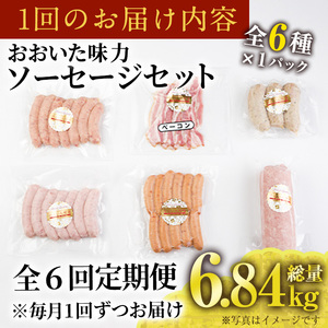 ＜定期便・全6回(連続)＞おおいた 味力 ソーセージ セット(総量6.84kg) ウィンナー ベーコン 定期便 国産 冷凍 豚肉 鳥肉 詰め合わせ 惣菜 おかず お弁当 粗挽き あらびき 大分県 佐伯