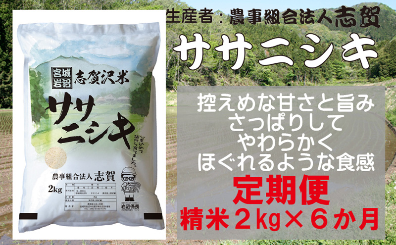 【令和7年産新米】【6ヶ月定期便】宮城県岩沼市産 志賀沢米 ササニシキ 精米2kg 