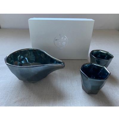 ふるさと納税 瑞浪市 つばめ工房　 黒土　酒器3点セット(プラチナブルー)