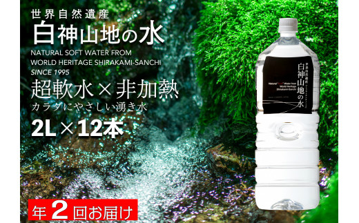 
白神山地の水2L×12本 年2回お届け！！定期便 ナチュラルウォーター 飲料水 軟水 超軟水 非加熱 弱酸性 湧水 湧き水 水 ウォーター ペットボトル 青森県 鰺ヶ沢町 国産
