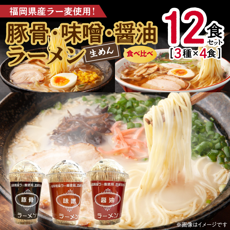 【福岡県産ラー麦使用】醤油・豚骨・味噌ラーメン食べ比べ 2食入り×各2セット（合計12食） PC7106
