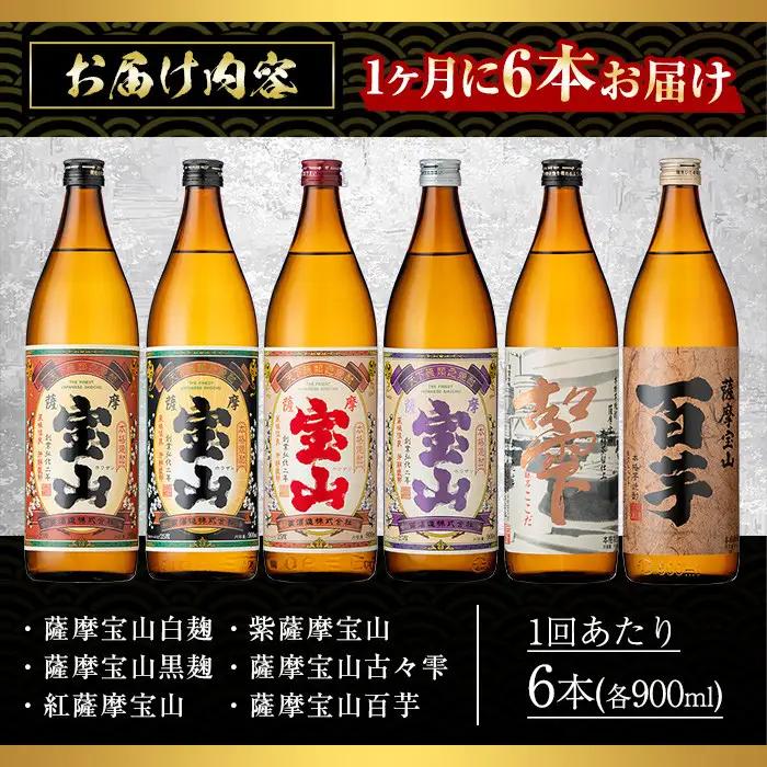 No.802 ＜定期便・全3回(連続)＞鹿児島焼酎！薩摩宝山の豪華セット(6銘柄・各900ml×1本×3回) 焼酎 酒 アルコール 芋焼酎 薩摩芋 米麹 常温 常温保存 セット 飲み比べ 定期便 頒布