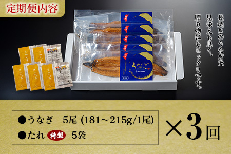 ＜定期便＞5尾×全3回 国産 うなぎ 蒲焼 有頭 計2.7kg以上（1回あたり 計905g以上） たれ付き 宮崎県産 鰻 中村商店