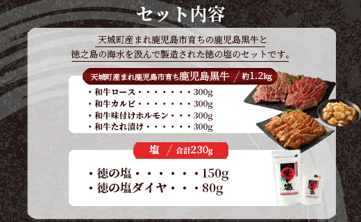 鹿児島 黒牛 焼肉 セット（ 4種 盛り ） 計約1.2kg 徳の塩 ・ ダイヤ セット 計約230g 総計約1.43kg 【セット】 天城町産 鹿児島育ち 黒毛和牛 和牛ロース 和牛カルビ 国産 鹿