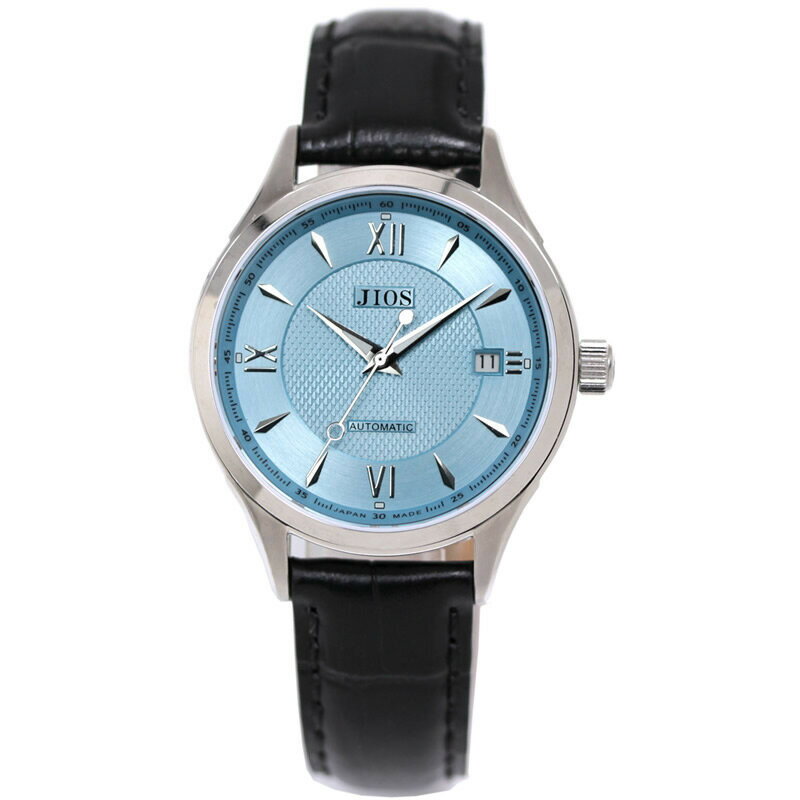 【ふるさと納税】JIOS SEIRAN 日本製 自動巻き腕時計 メンズ 男性用 革ベルト ブランド ドレスウォッチ ジオス びわ湖ブルー文字盤 ×＜シルバー針または青針より選択可＞クロコ型押しベルト（ブラック）
